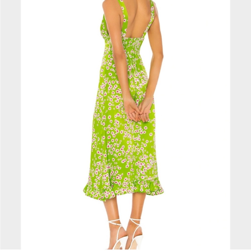 Faithfull the Brand Emili Sun Green Floral Print Satin Midi Slip Dress